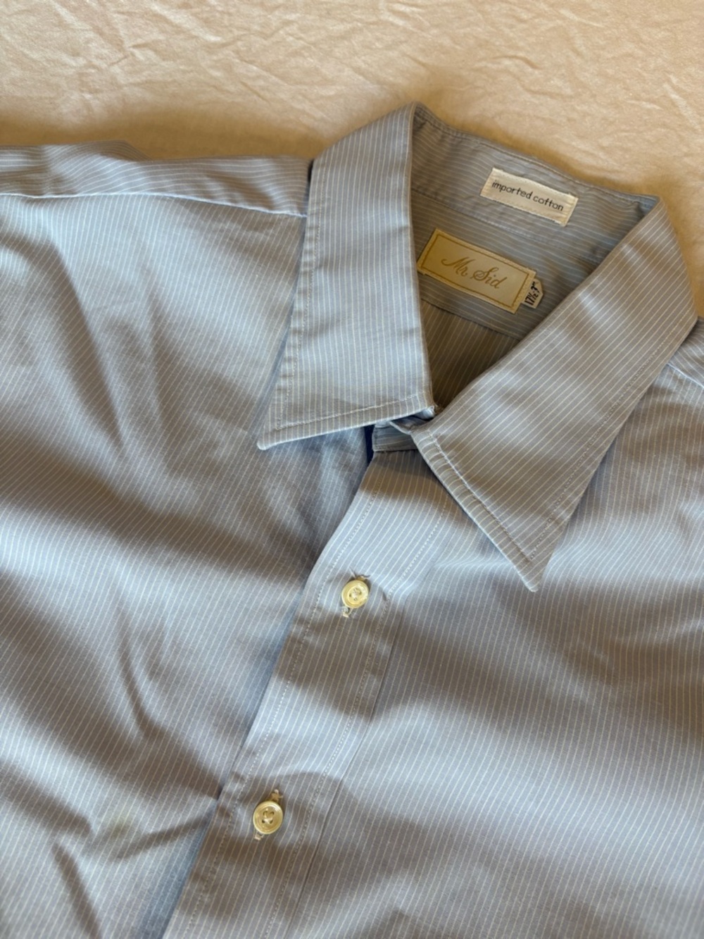 Vintage Mr. Sid Men’s Blue Striped Dress Shirt Size 17 1/2-35 Imported Cotton